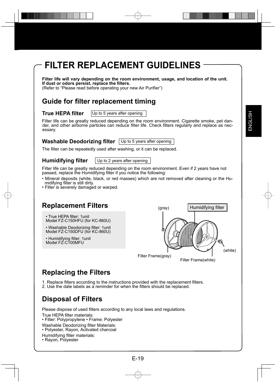 Filter replacement guidelines, Guide for fi lter replacement timing, Replacement filters replacing the filters | Disposal of filters | Sharp ENGLISHFRANAISESPAOL KC-860U User Manual | Page 21 / 68
