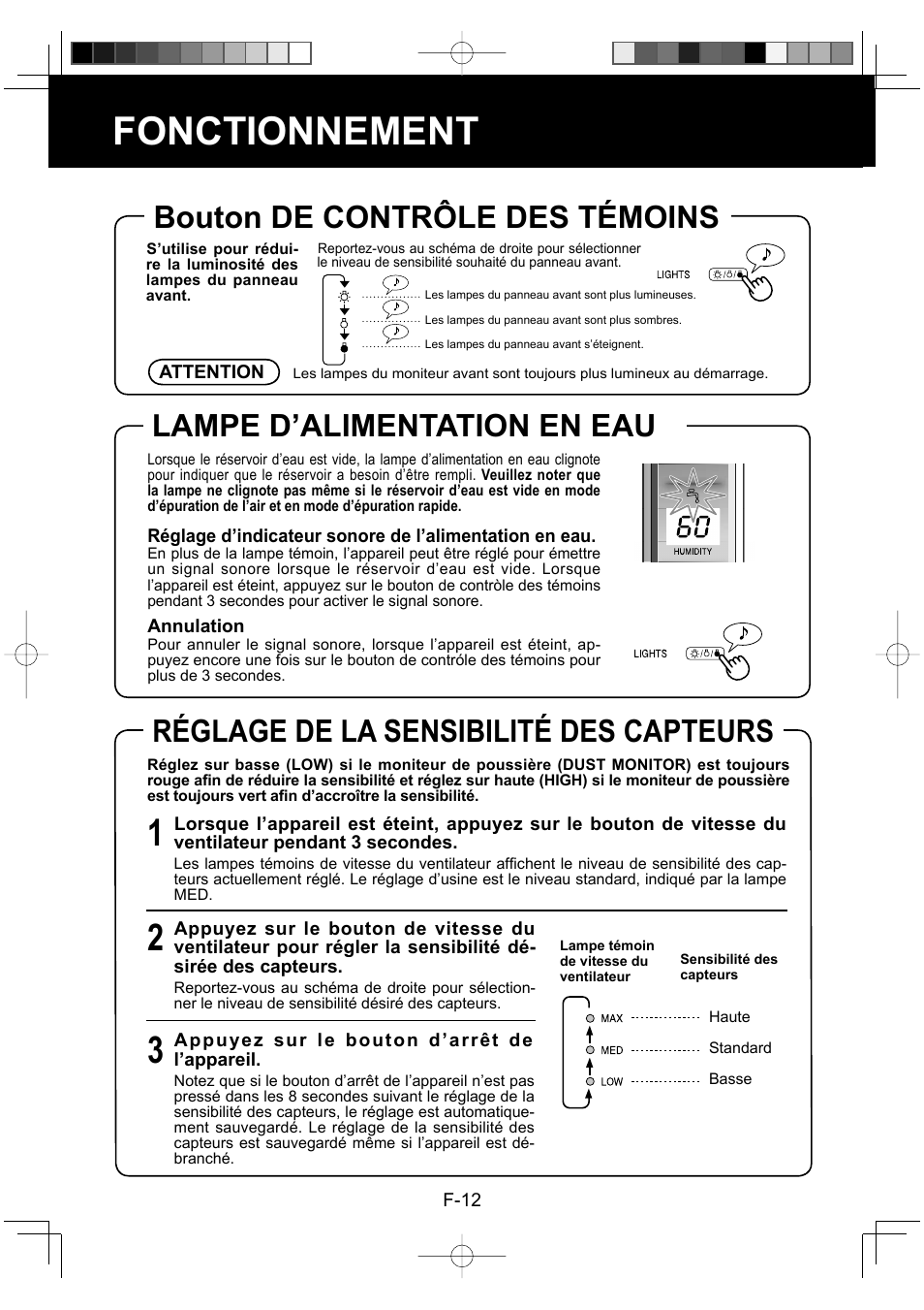 Fonctionnement, Lampe d’alimentation en eau, Réglage de la sensibilité des capteurs | Bouton de contrôle des témoins | Sharp ENGLISHFRANAISESPAOL KC-860U User Manual | Page 38 / 68