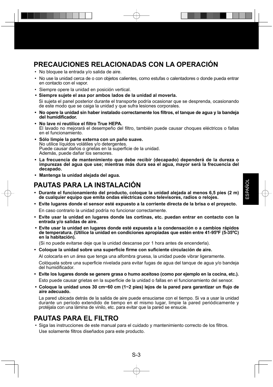 Precauciones relacionadas con la operación, Pautas para la instalación, Pautas para el filtro | Sharp ENGLISHFRANAISESPAOL KC-860U User Manual | Page 51 / 68