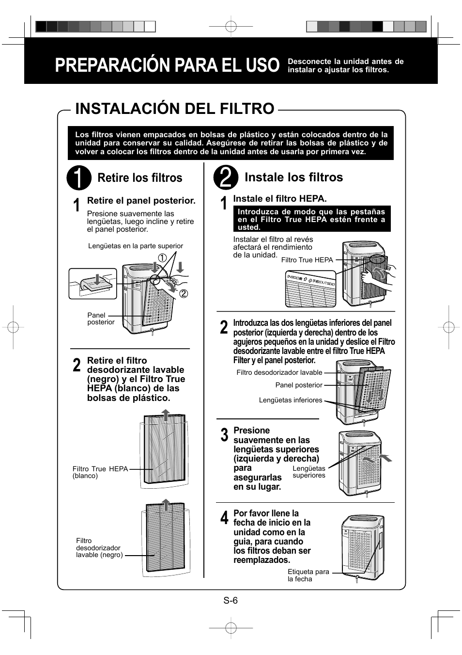 Preparación para el uso, Instalación del filtro, Instale los fi ltros | Retire los fi ltros | Sharp ENGLISHFRANAISESPAOL KC-860U User Manual | Page 54 / 68