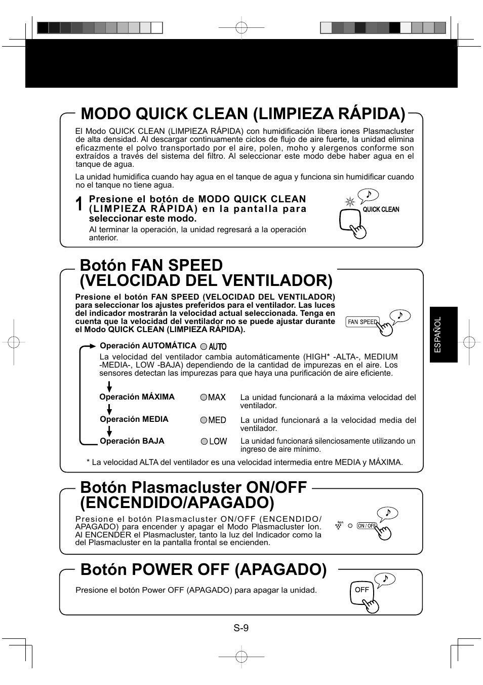 Modo quick clean (limpieza rápida), Botón fan speed (velocidad del ventilador), Botón plasmacluster on/off (encendido/apagado) | Botón power off (apagado) | Sharp ENGLISHFRANAISESPAOL KC-860U User Manual | Page 57 / 68