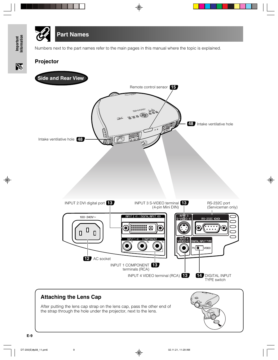 Part names, Projector, Attaching the lens cap | Side and rear view | Sharp DT-200 User Manual | Page 10 / 58