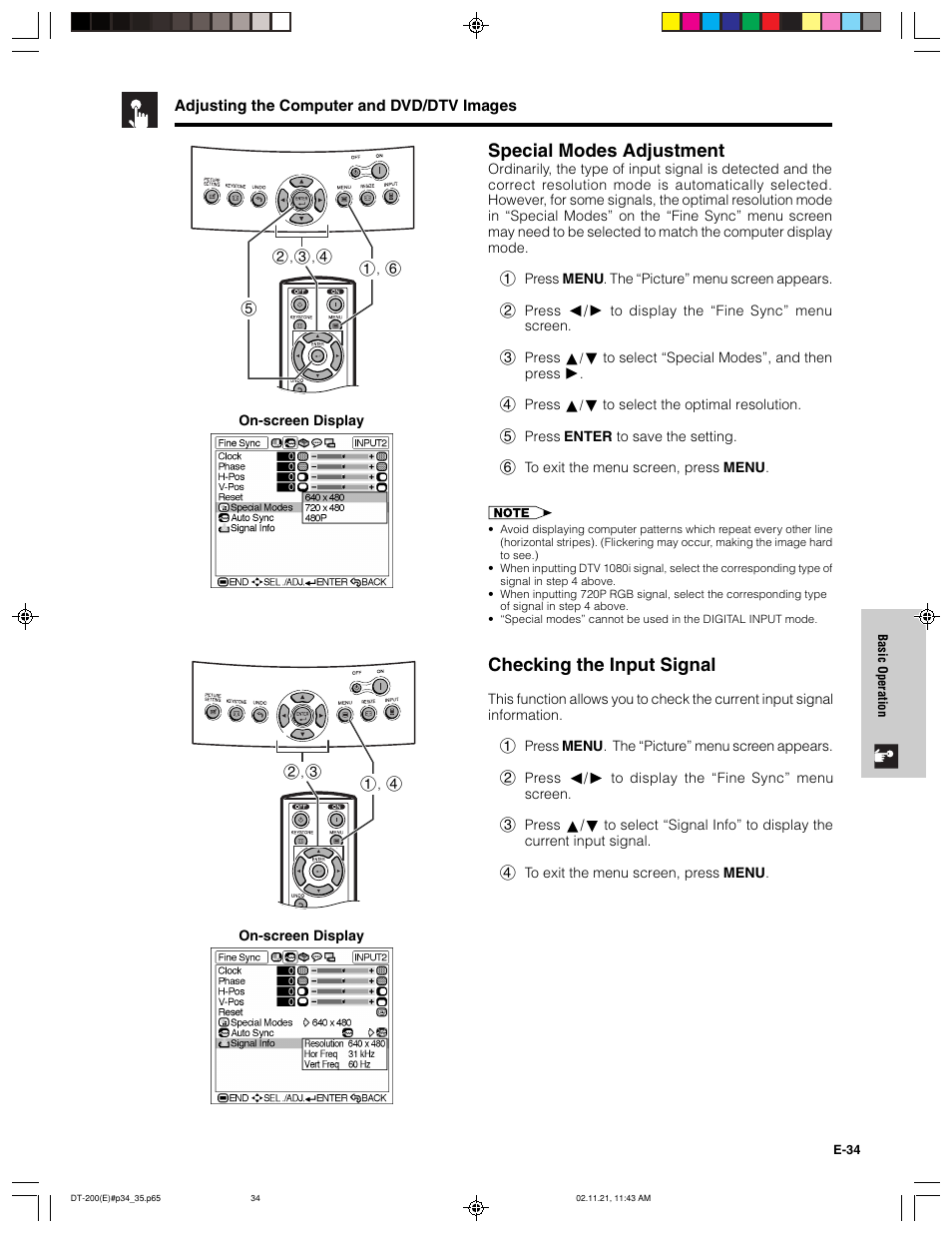 Special modes adjustment, Checking the input signal | Sharp DT-200 User Manual | Page 35 / 58