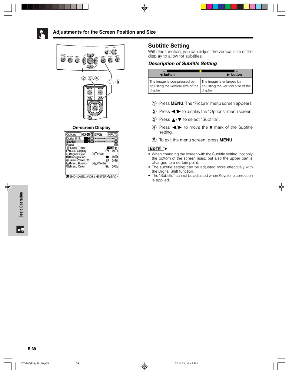 Subtitle setting | Sharp DT-200 User Manual | Page 40 / 58
