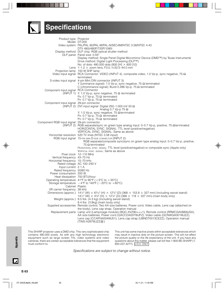 Specifications | Sharp DT-200 User Manual | Page 54 / 58
