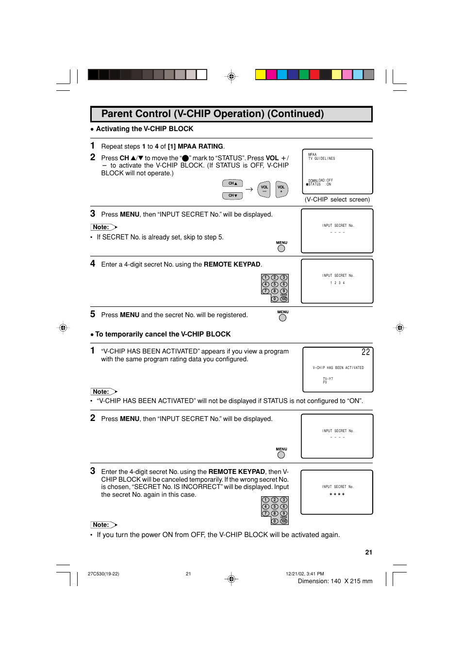 Parent control (v-chip operation) (continued) | Sharp 27C530 User Manual | Page 21 / 60