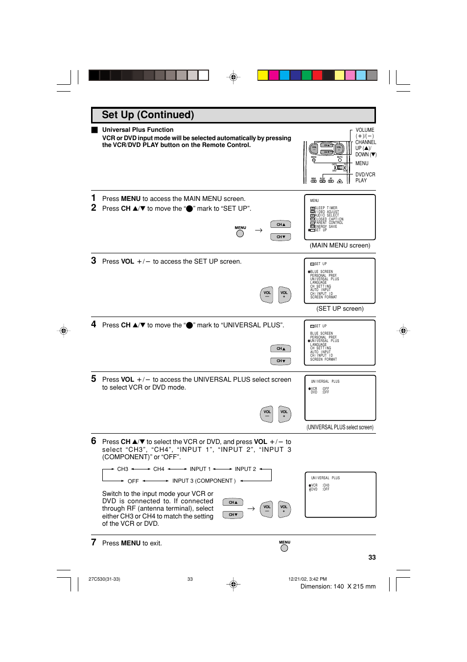 Set up (continued), Press menu to access the main menu screen, Press ch a/s to move the “e” mark to “set up | Press vol k/l to access the set up screen, Press menu to exit | Sharp 27C530 User Manual | Page 33 / 60