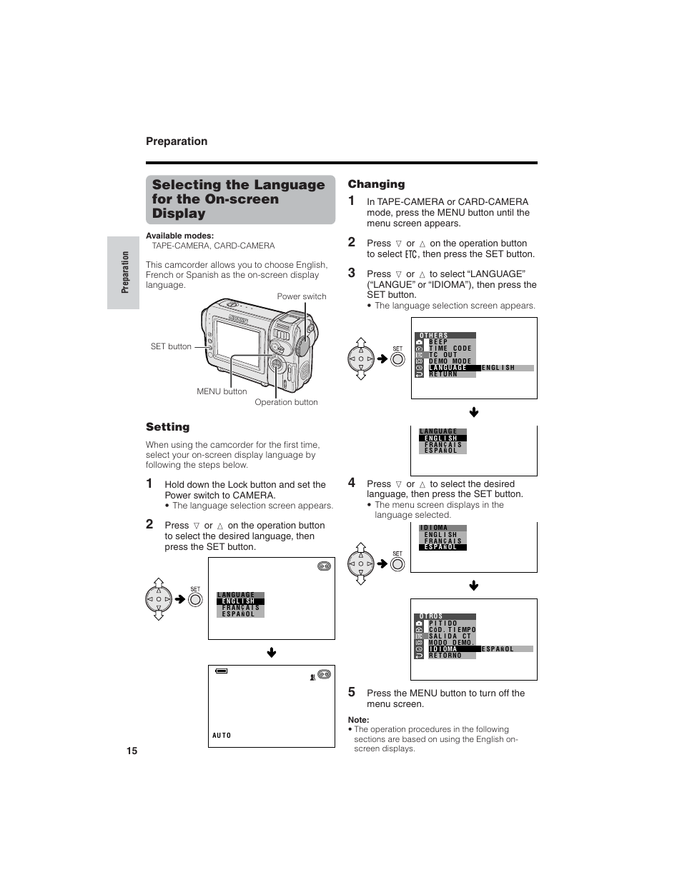 Selecting the language for the on-screen display, Preparation, Setting | Changing | Sharp VL-NZ150U User Manual | Page 30 / 112