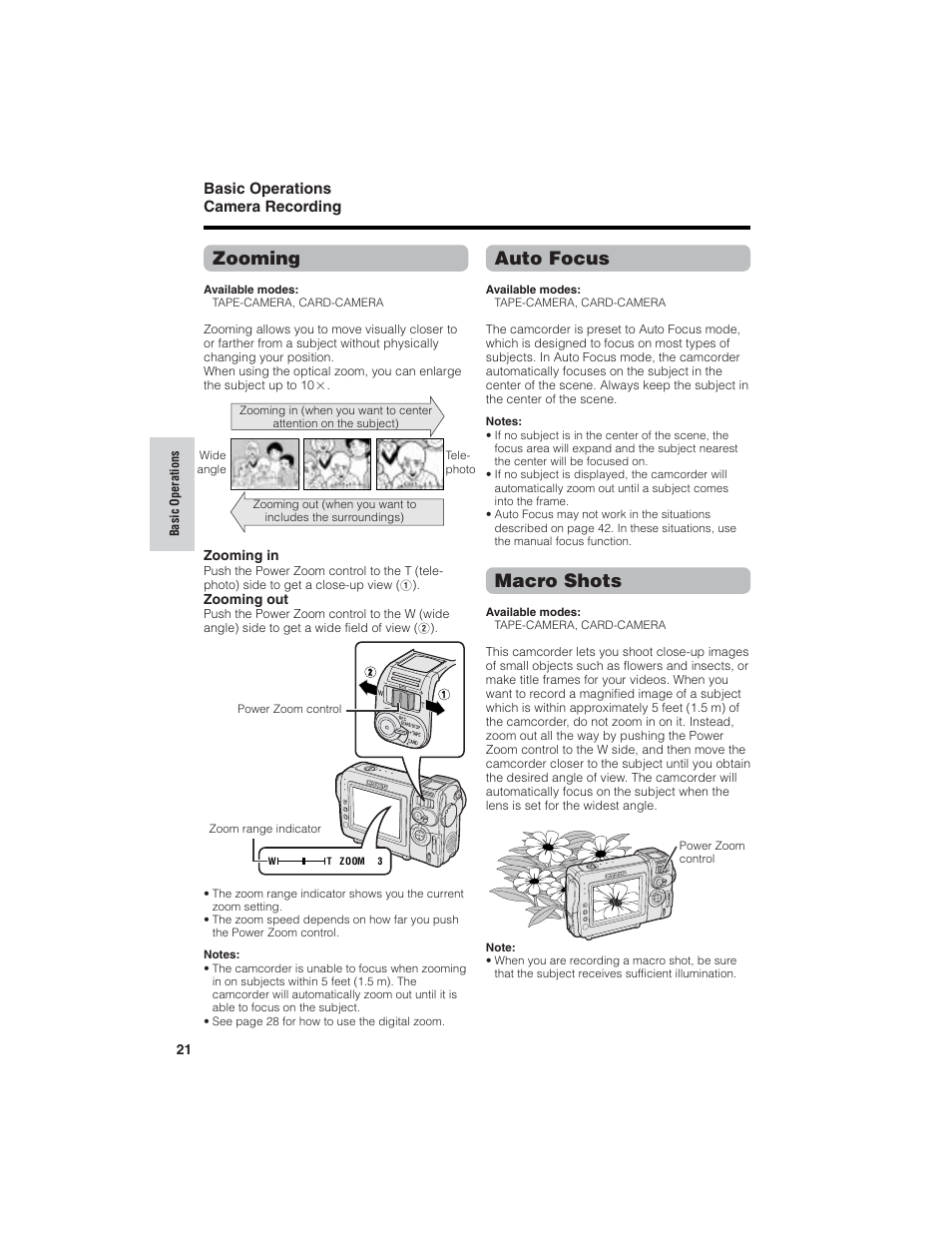 Zooming, Auto focus, Macro shots | Sharp VL-NZ150U User Manual | Page 36 / 112