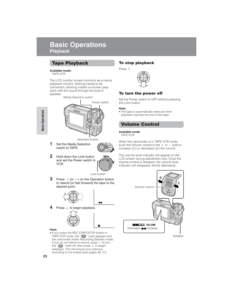Basic operations, Tape playback, Playback | Volume control | Sharp VL-NZ150U User Manual | Page 38 / 112