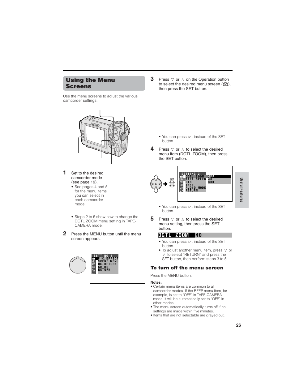 Using the menu screens, 04 dg t l zoom | Sharp VL-NZ150U User Manual | Page 41 / 112
