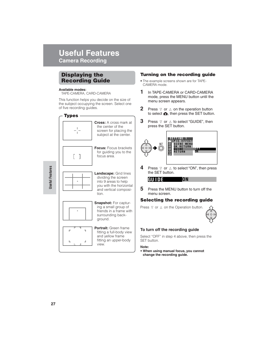 Useful features, Camera recording displaying the recording guide | Sharp VL-NZ150U User Manual | Page 42 / 112
