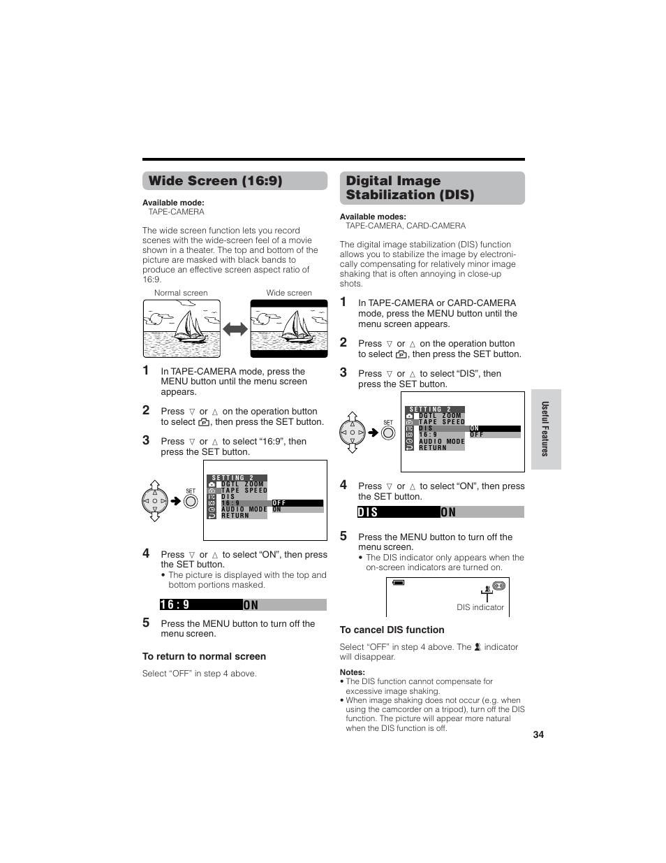 Wide screen (16:9), Digital image stabilization (dis) | Sharp VL-NZ150U User Manual | Page 49 / 112