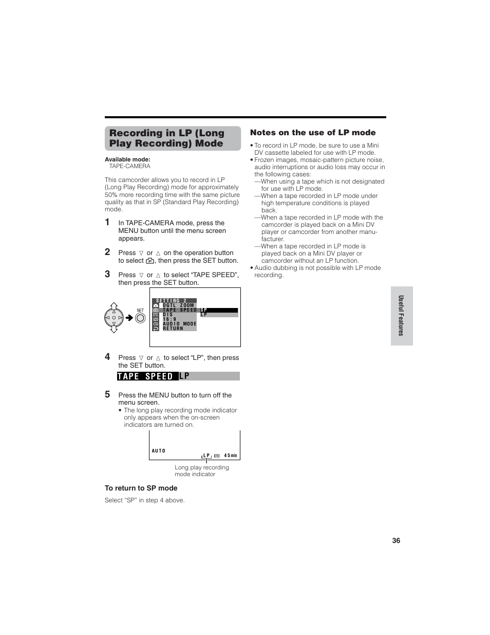 Recording in lp (long play recording) mode, Lp t ap e sp e e d | Sharp VL-NZ150U User Manual | Page 51 / 112