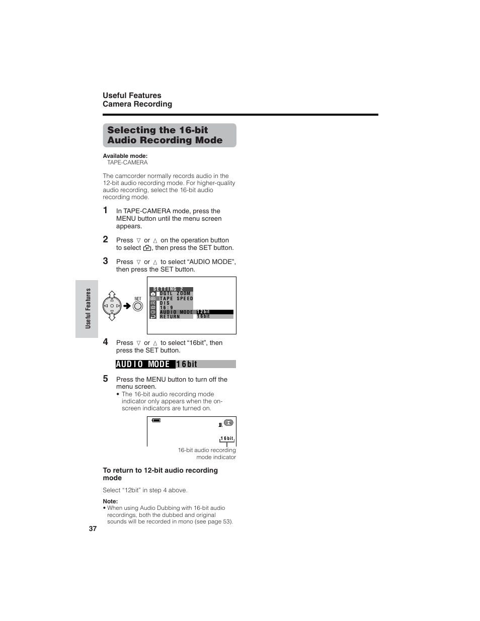 Selecting the 16-bit audio recording mode, 1 6 bit aud i o mode | Sharp VL-NZ150U User Manual | Page 52 / 112