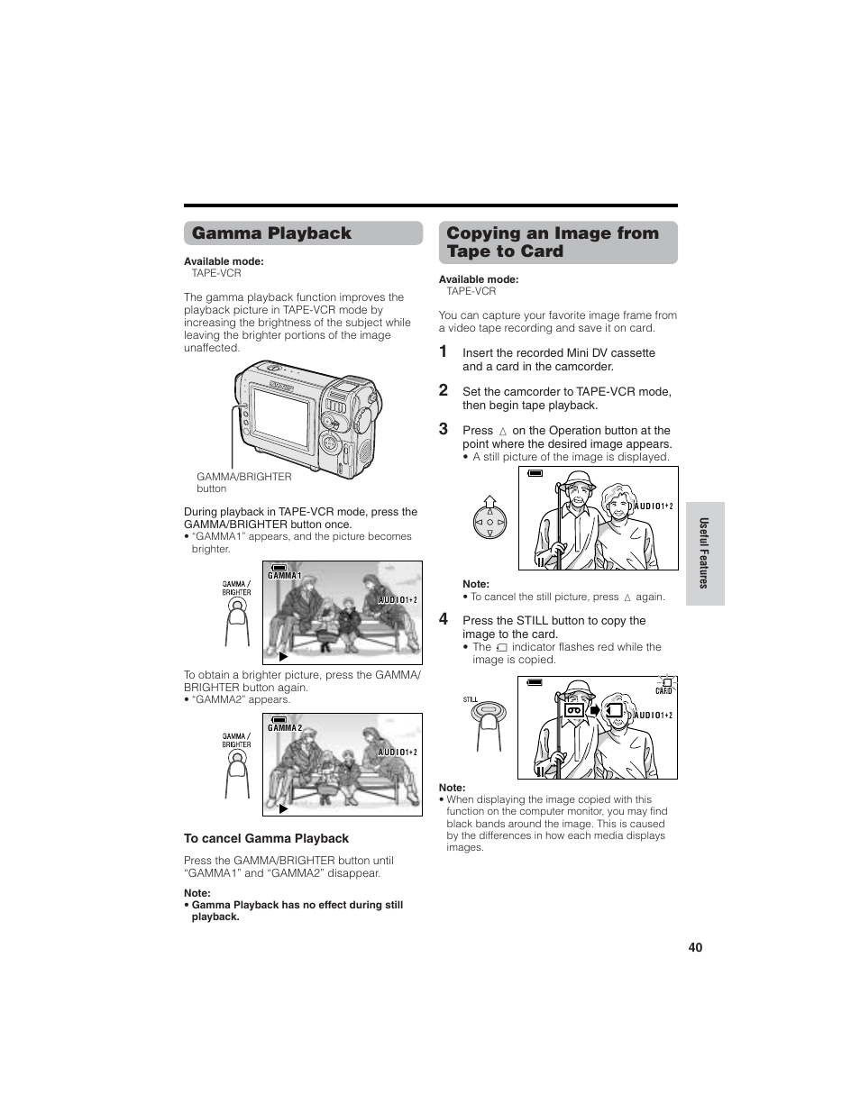 Gamma playback, Copying an image from tape to card | Sharp VL-NZ150U User Manual | Page 55 / 112