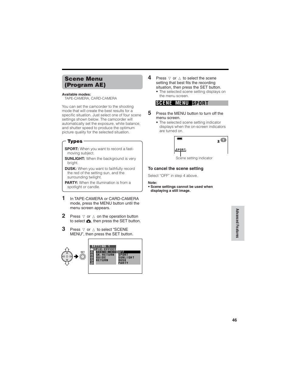 Scene menu (program ae), Sport sc e ne menu | Sharp VL-NZ150U User Manual | Page 61 / 112