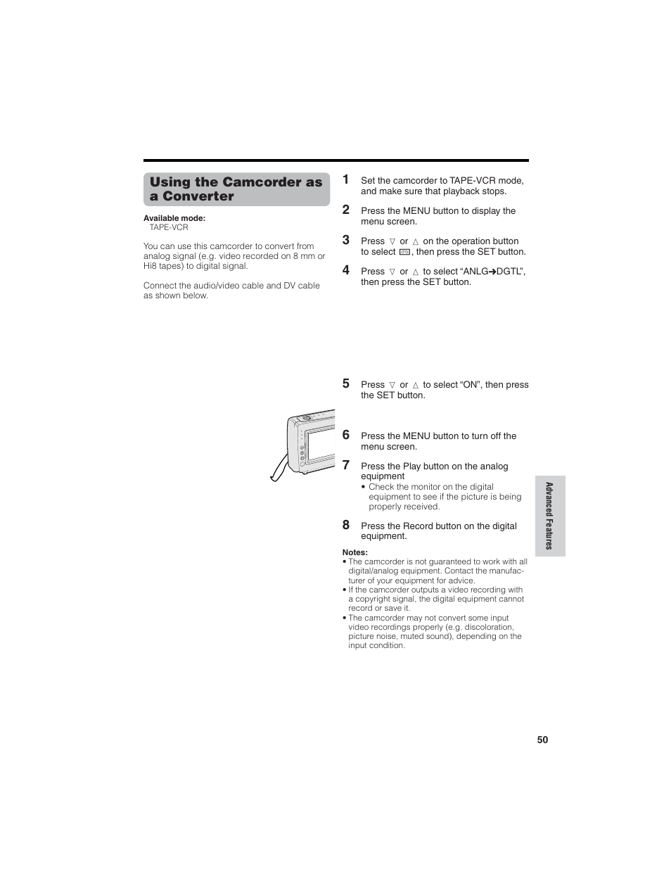 Using the camcorder as a converter | Sharp VL-NZ150U User Manual | Page 65 / 112