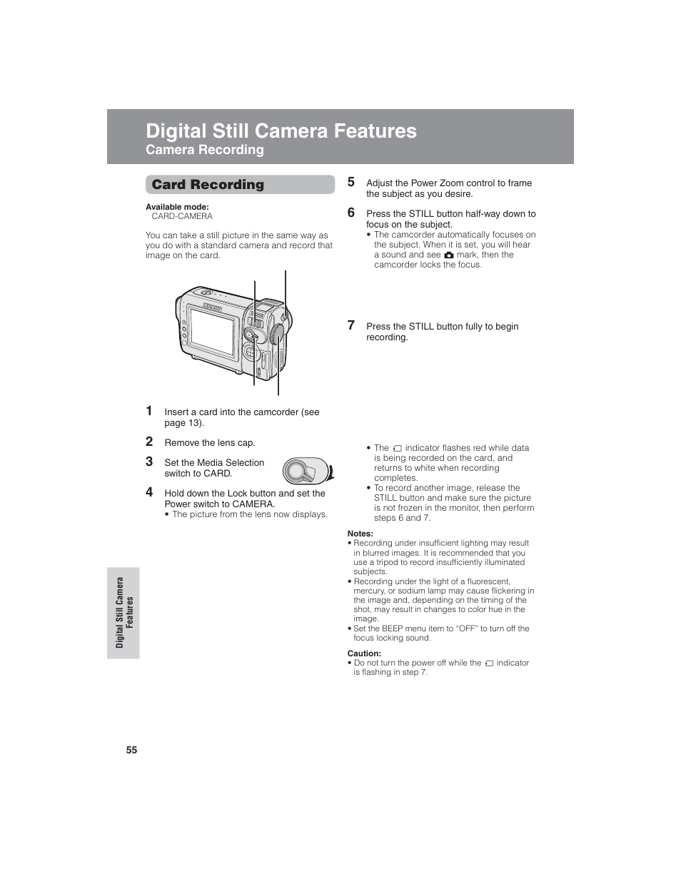 Digital still camera features, Camera recording card recording | Sharp VL-NZ150U User Manual | Page 70 / 112