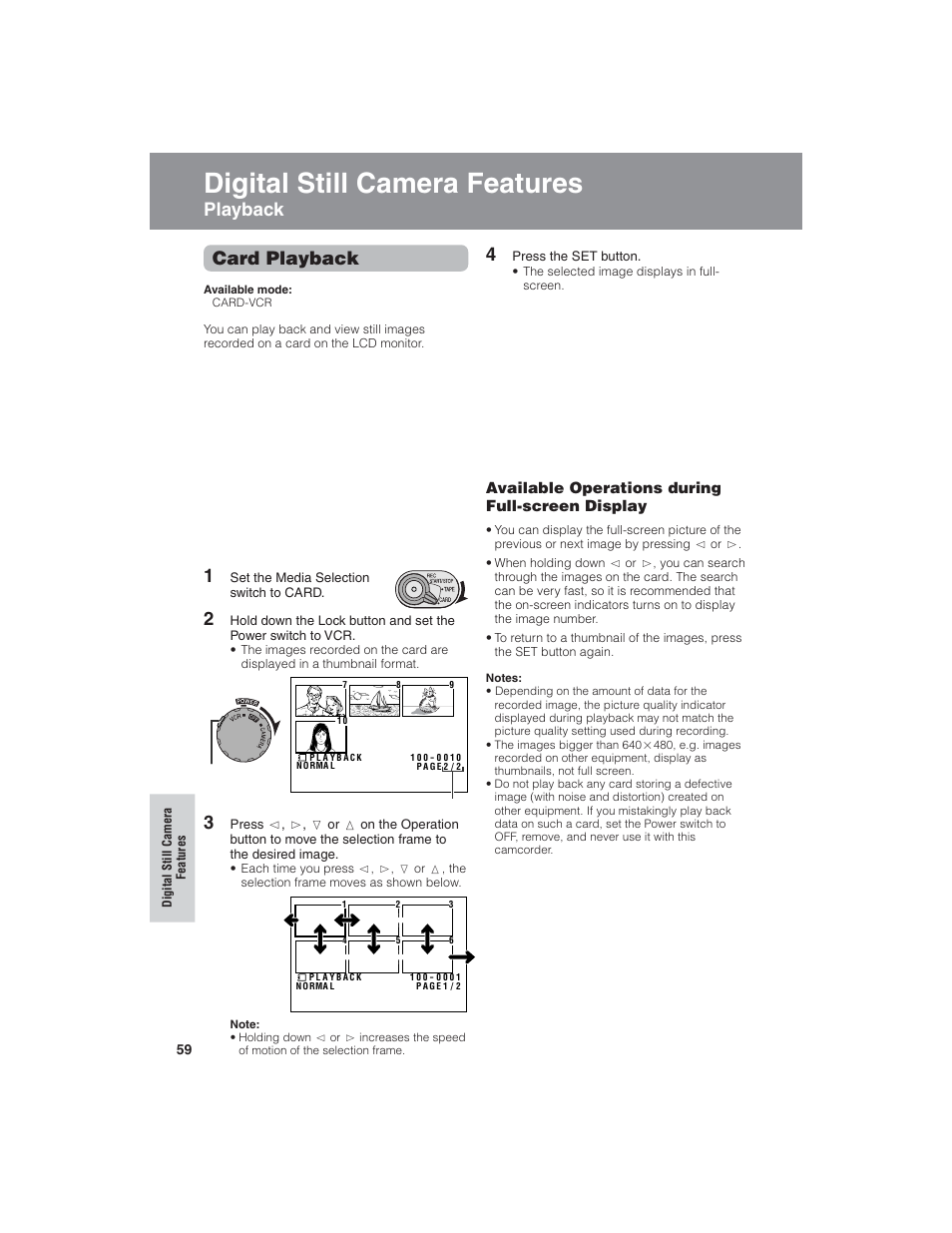 Digital still camera features, Playback card playback, Digital still camera features playback | Available operations during full-screen display | Sharp VL-NZ150U User Manual | Page 74 / 112