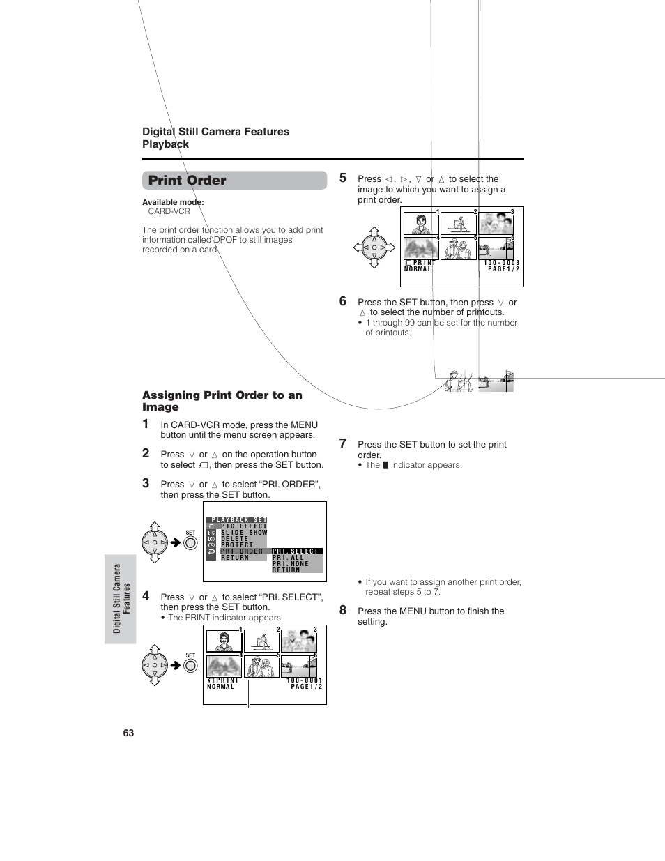 Print order, Digital still camera features playback, Assigning print order to an image | Sharp VL-NZ150U User Manual | Page 78 / 112
