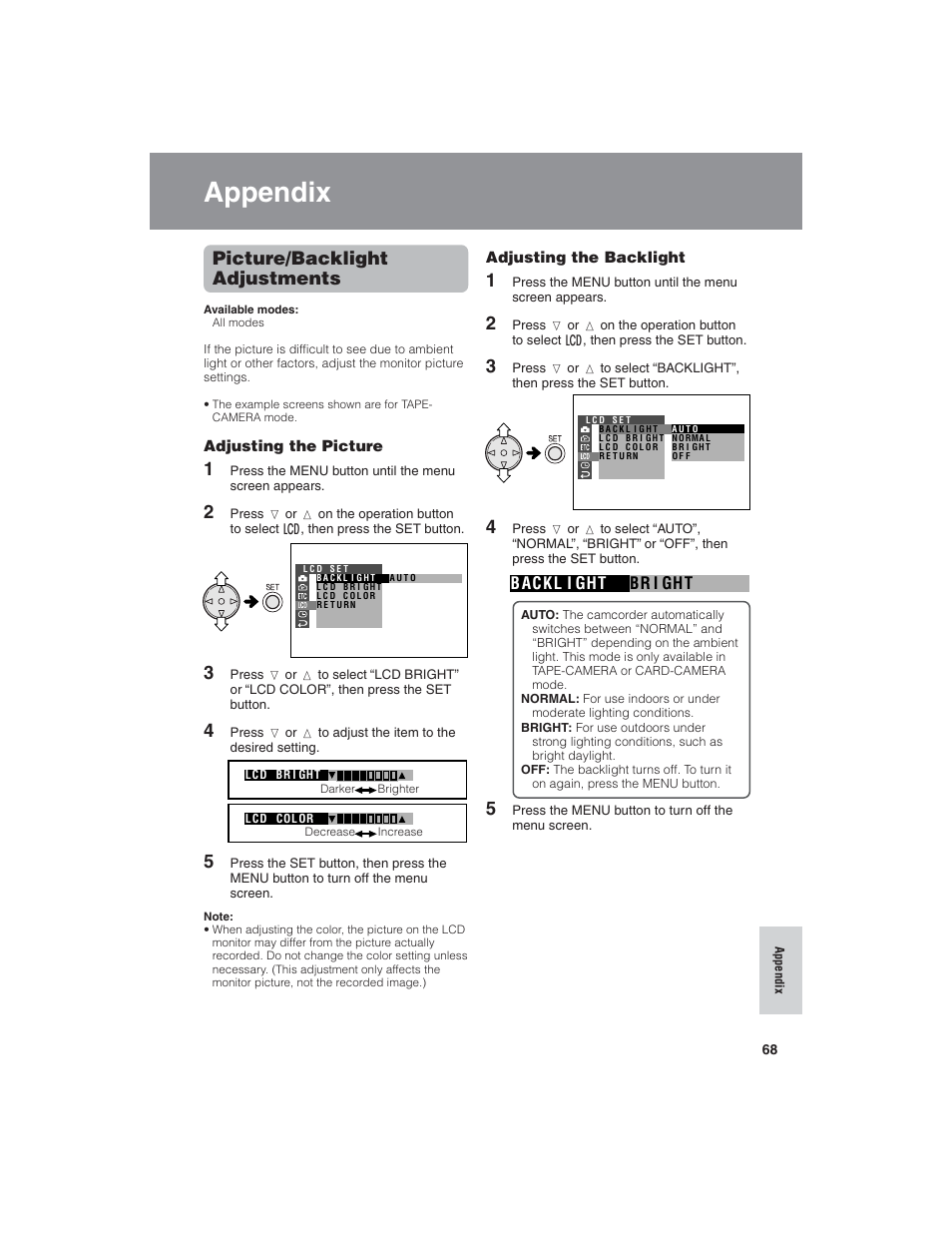 Appendix, Picture/backlight adjustments | Sharp VL-NZ150U User Manual | Page 83 / 112