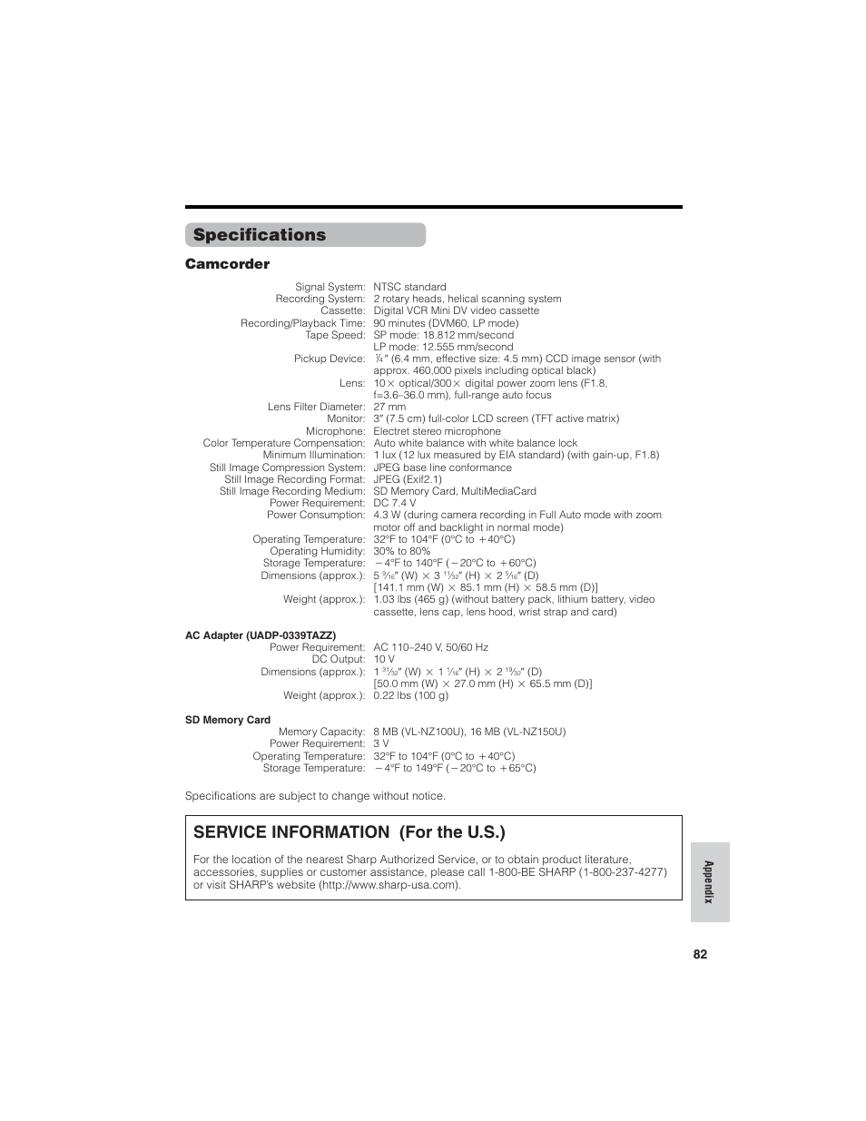 Specifications, Service information (for the u.s.), Camcorder | Sharp VL-NZ150U User Manual | Page 97 / 112