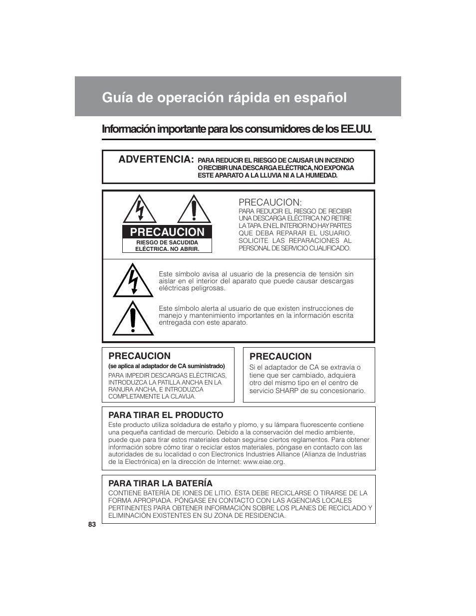 Guía de operación rápida en español, Precaucion, Advertencia | Sharp VL-NZ150U User Manual | Page 98 / 112