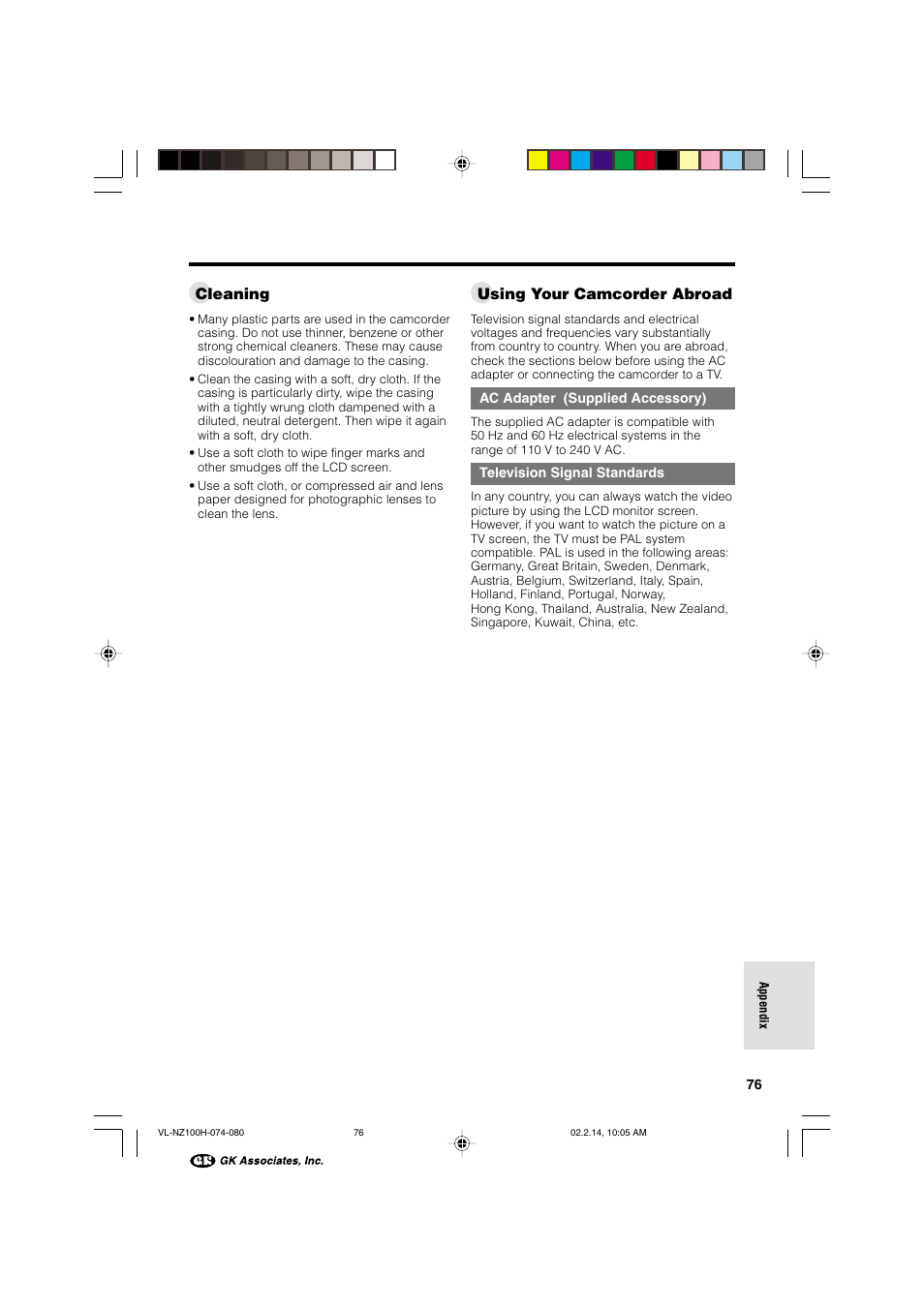 Cleaning, Using your camcorder abroad | Sharp VL-NZ100S User Manual | Page 87 / 91