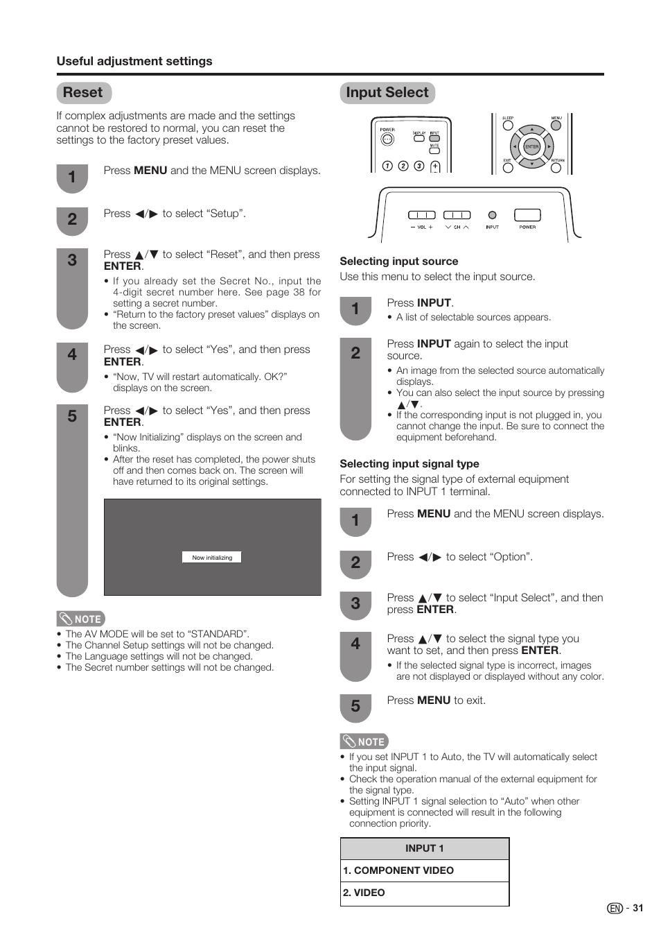 Reset, Input select | Sharp Aquos LC 37SH20U User Manual | Page 32 / 53