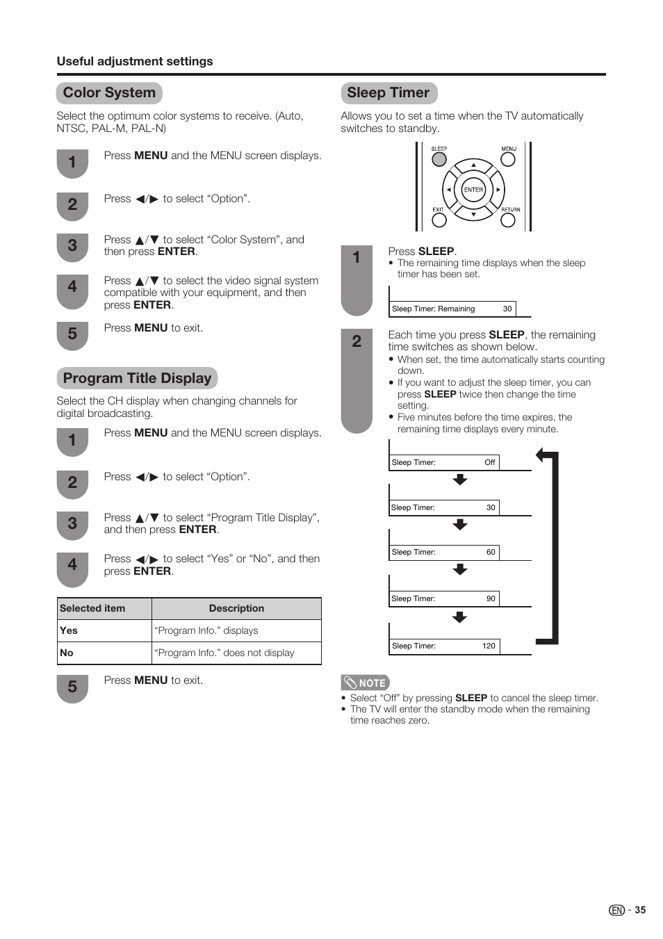 Color system, Program title display, Sleep timer | Sharp Aquos LC 37SH20U User Manual | Page 36 / 53