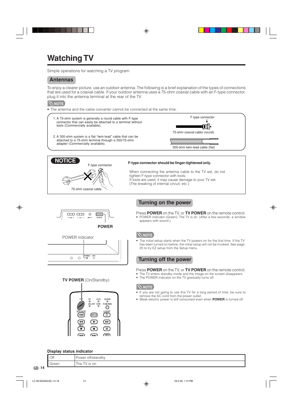 Watching tv, Notice, Antennas | Turning on the power, Turning off the power | Sharp Aquos LC G5C32U User Manual | Page 15 / 65