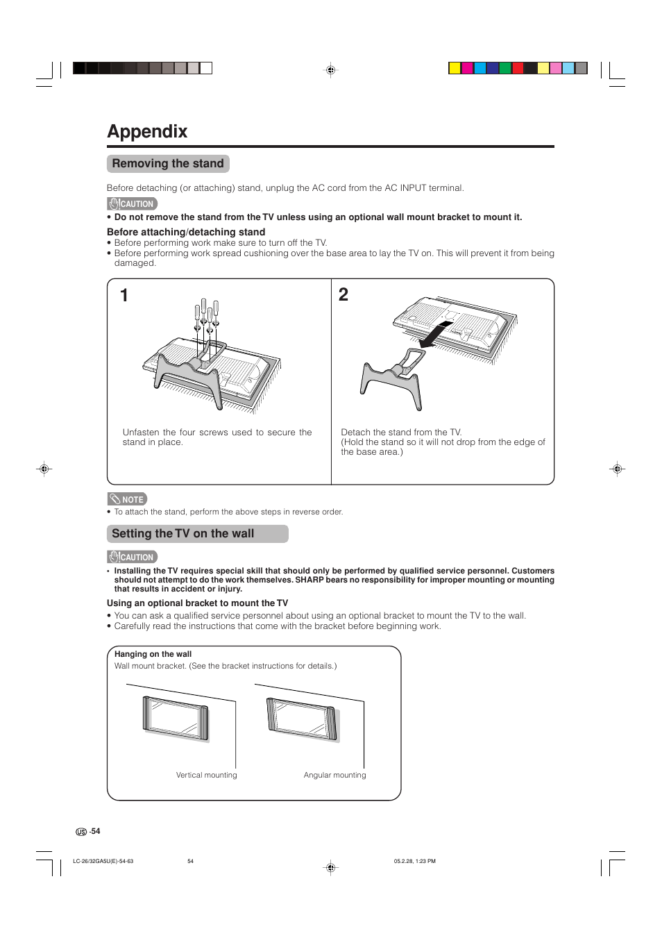 Appendix, Removing the stand, Setting the tv on the wall | Sharp Aquos LC G5C32U User Manual | Page 55 / 65