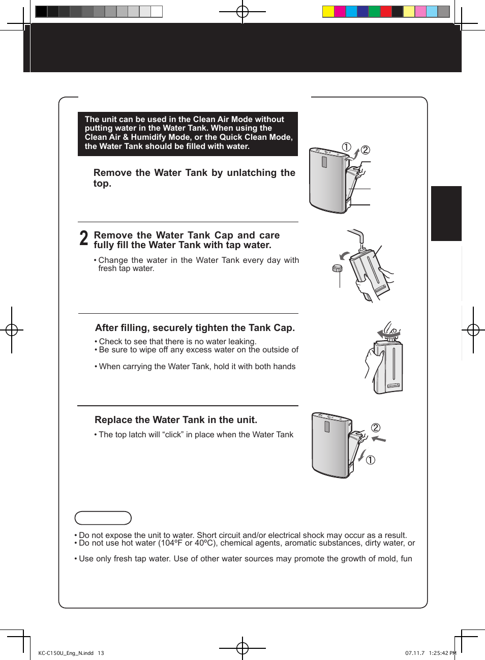 Refilling the water tank | Sharp KC-C150U User Manual | Page 13 / 64
