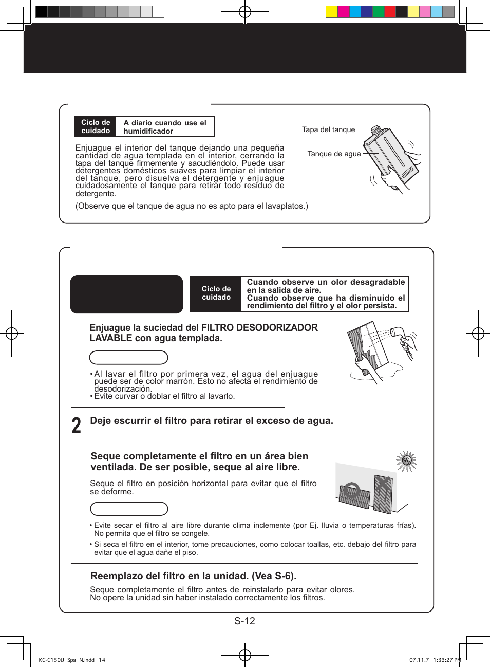 Cuidado y mantenimiento, Tanque de agua, Cuidado del filtro desodorizador lavable | Sharp KC-C150U User Manual | Page 56 / 64