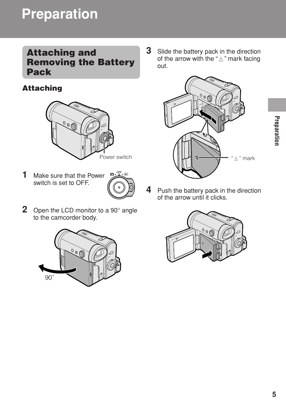 Preparation, Attaching and removing the battery pack | Sharp VL-Z1U User Manual | Page 19 / 103