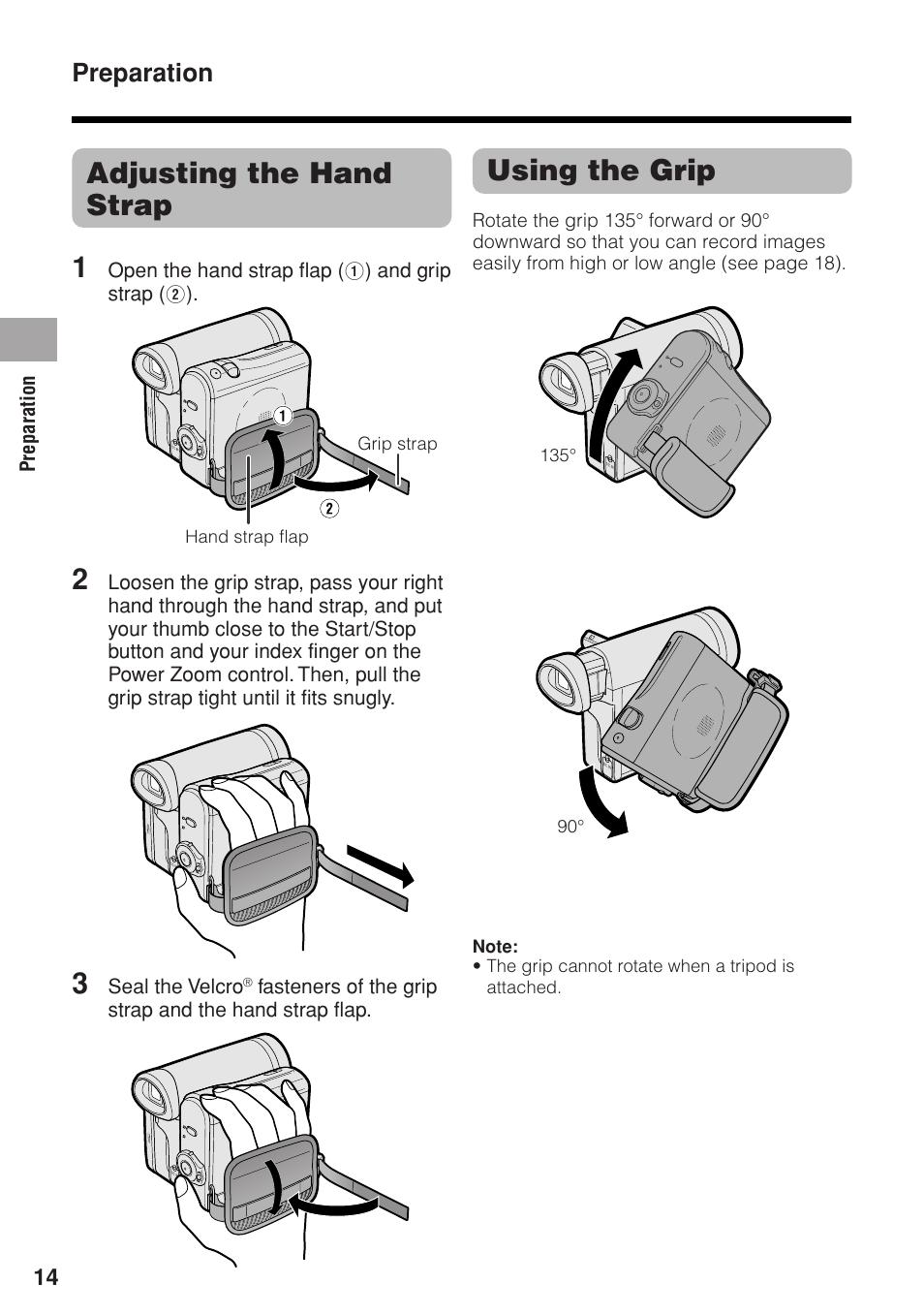 Adjusting the hand strap 1, Using the grip, Preparation | Sharp VL-Z1U User Manual | Page 28 / 103