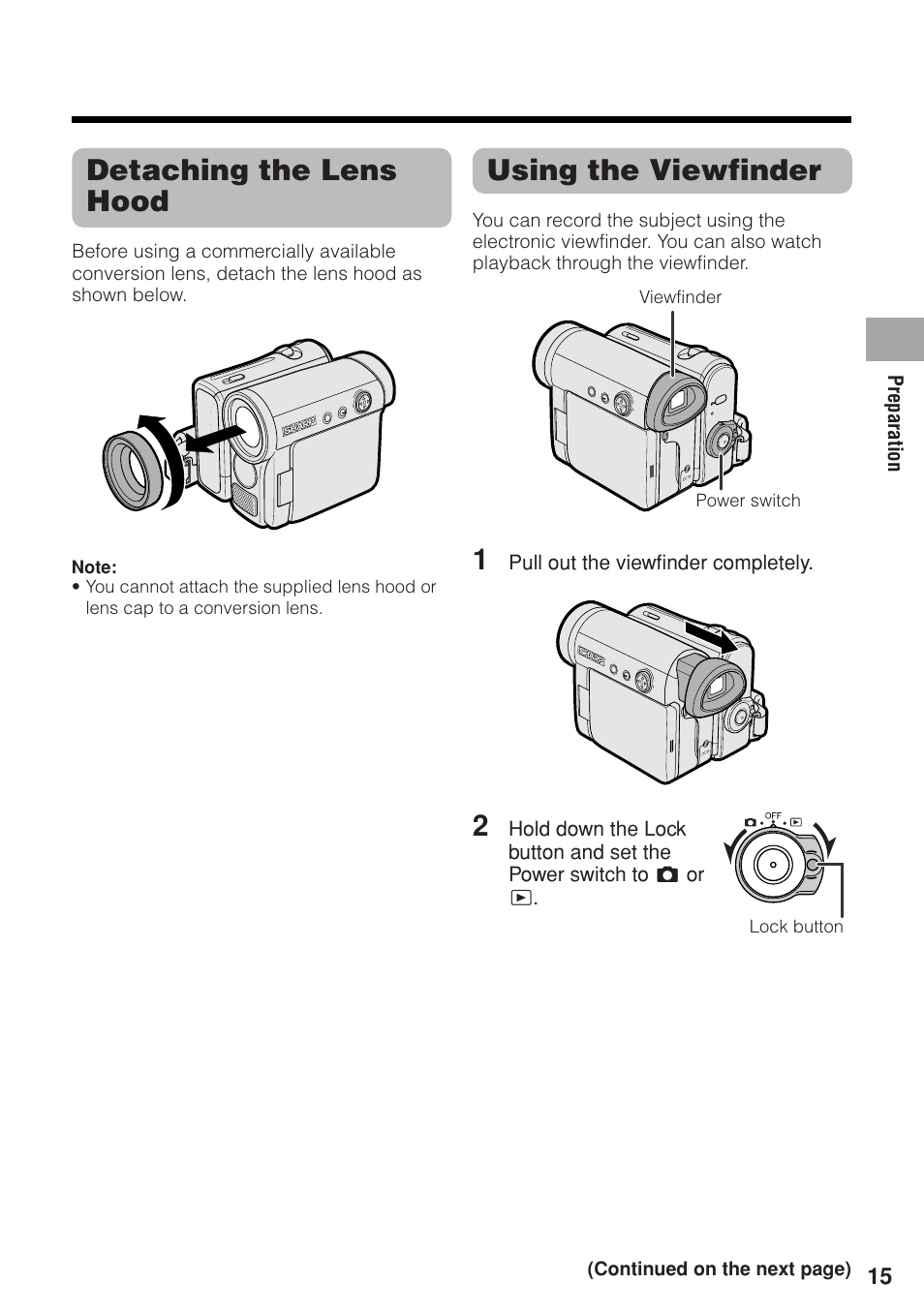 Using the viewfinder, Detaching the lens hood | Sharp VL-Z1U User Manual | Page 29 / 103