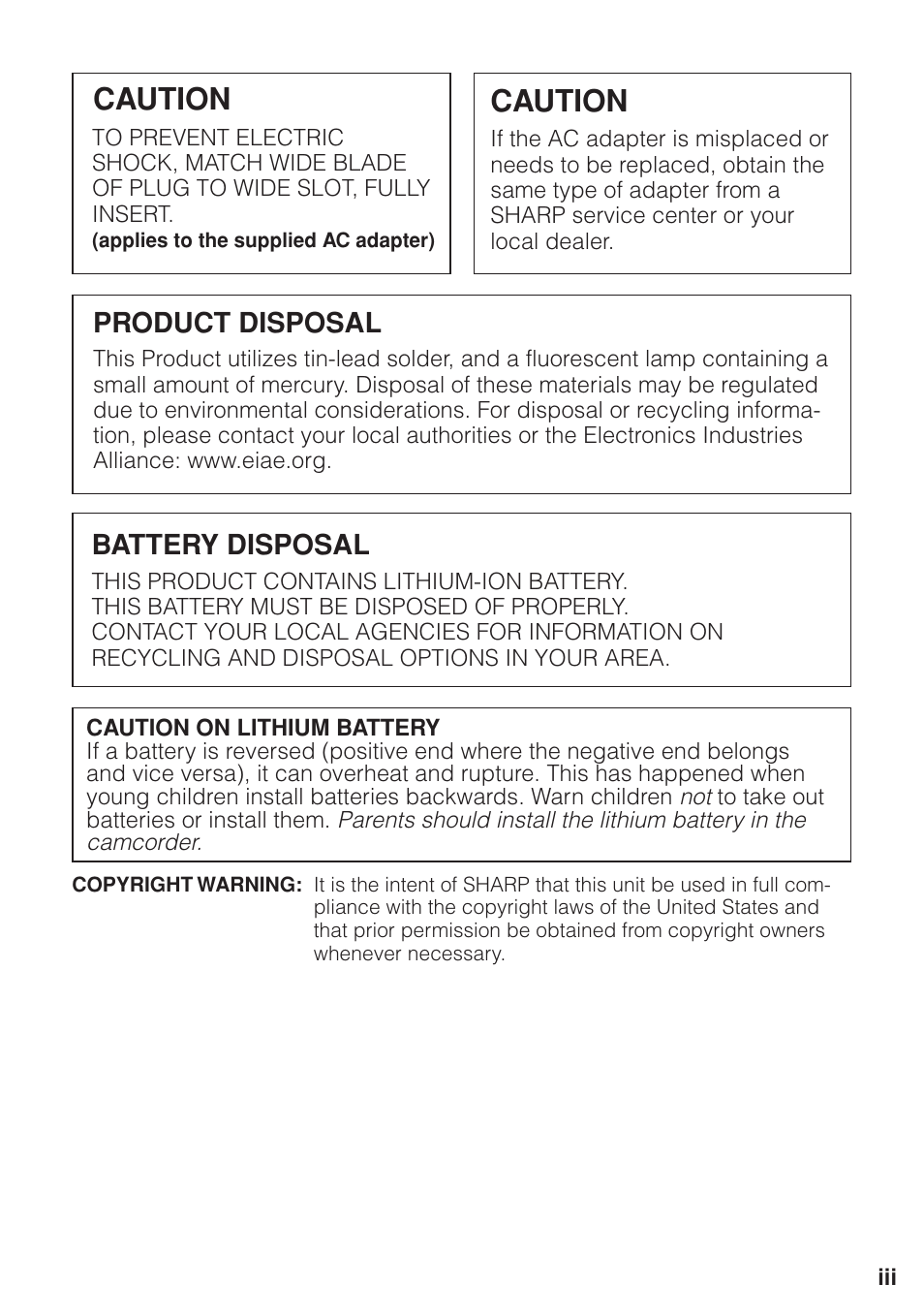 Caution, Product disposal, Battery disposal | Sharp VL-Z1U User Manual | Page 3 / 103
