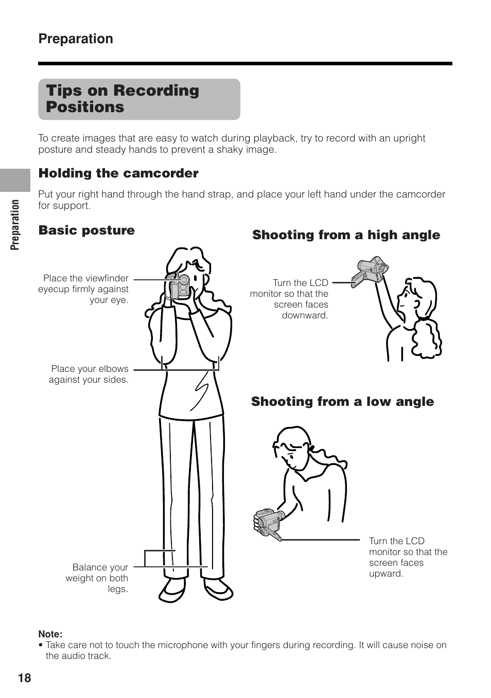 Tips on recording positions, Preparation, Holding the camcorder | Basic posture | Sharp VL-Z1U User Manual | Page 32 / 103