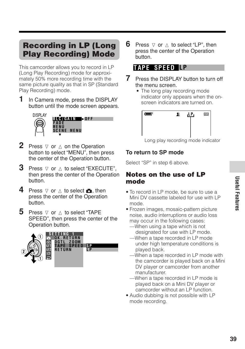 Recording in lp (long play recording) mode, Lp t ap e sp e e d | Sharp VL-Z1U User Manual | Page 53 / 103