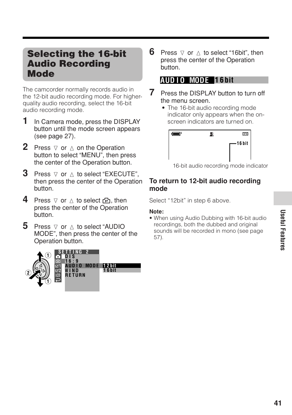 Selecting the 16-bit audio recording mode, 1 6 bit aud i o mode | Sharp VL-Z1U User Manual | Page 55 / 103