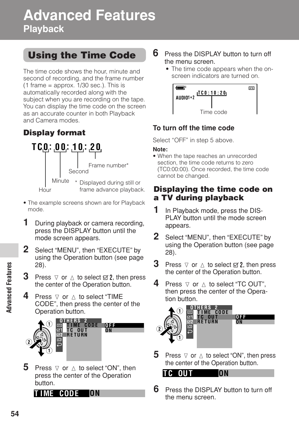Advanced features, Using the time code, Playback | Advanced features playback | Sharp VL-Z1U User Manual | Page 68 / 103