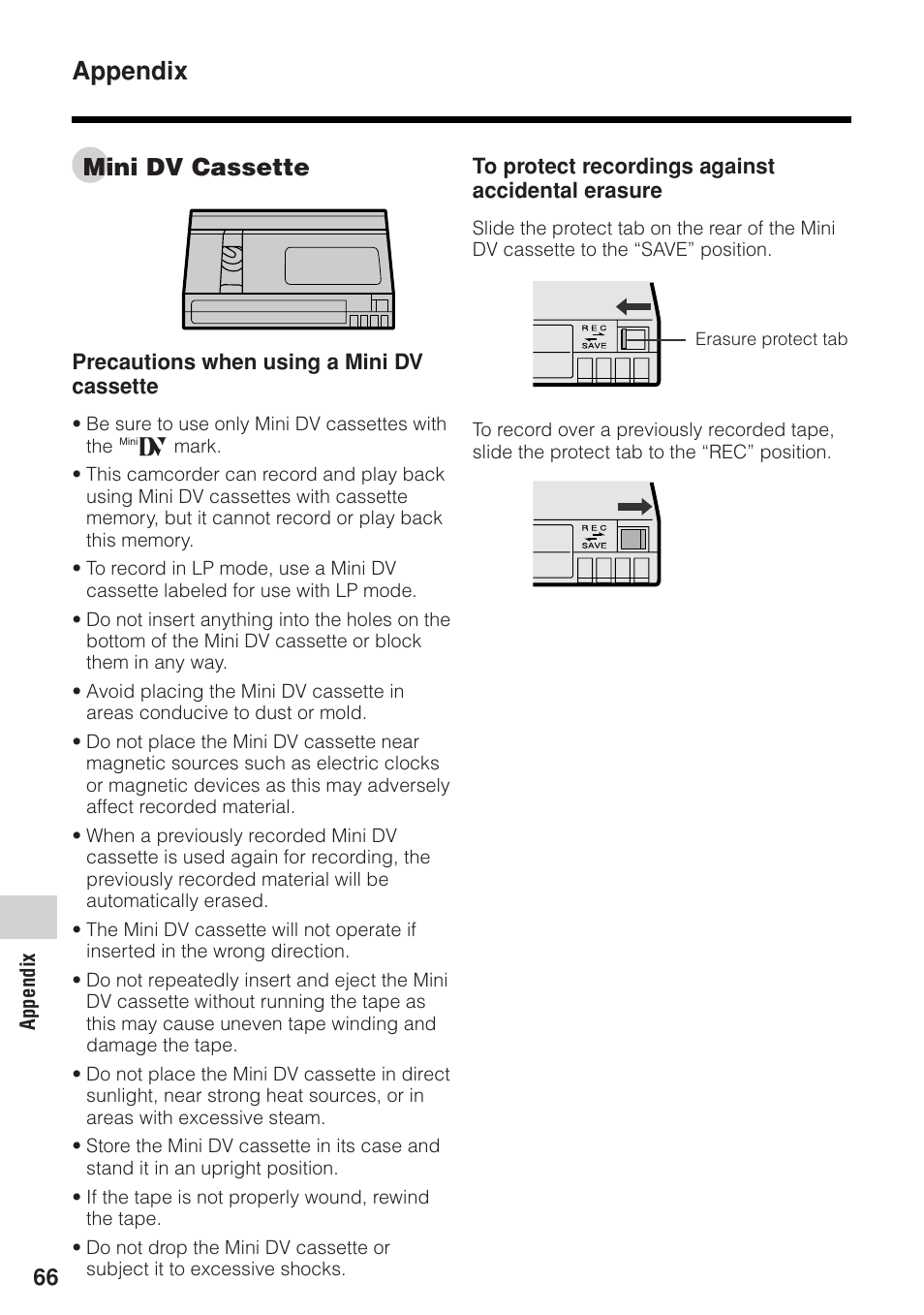 Appendix, Mini dv cassette | Sharp VL-Z1U User Manual | Page 80 / 103
