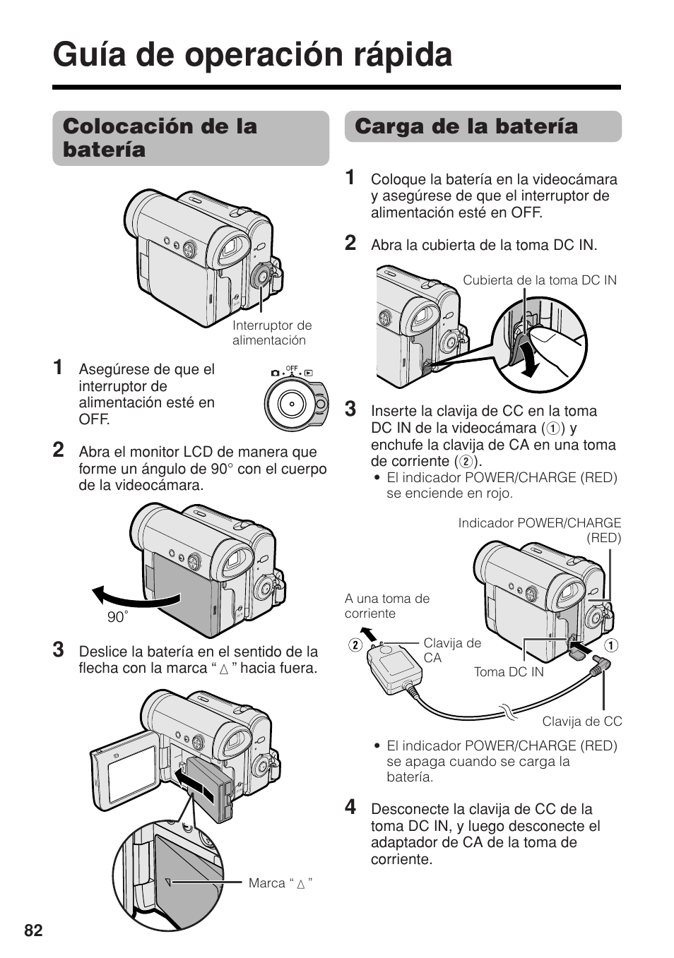 Guía de operación rápida, Colocación de la batería 1, Carga de la batería 1 | Sharp VL-Z1U User Manual | Page 96 / 103