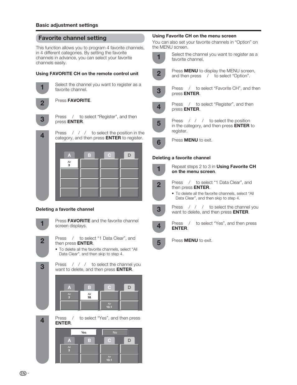 Favorite channel setting | Sharp Aquos LC 46D62U User Manual | Page 25 / 56