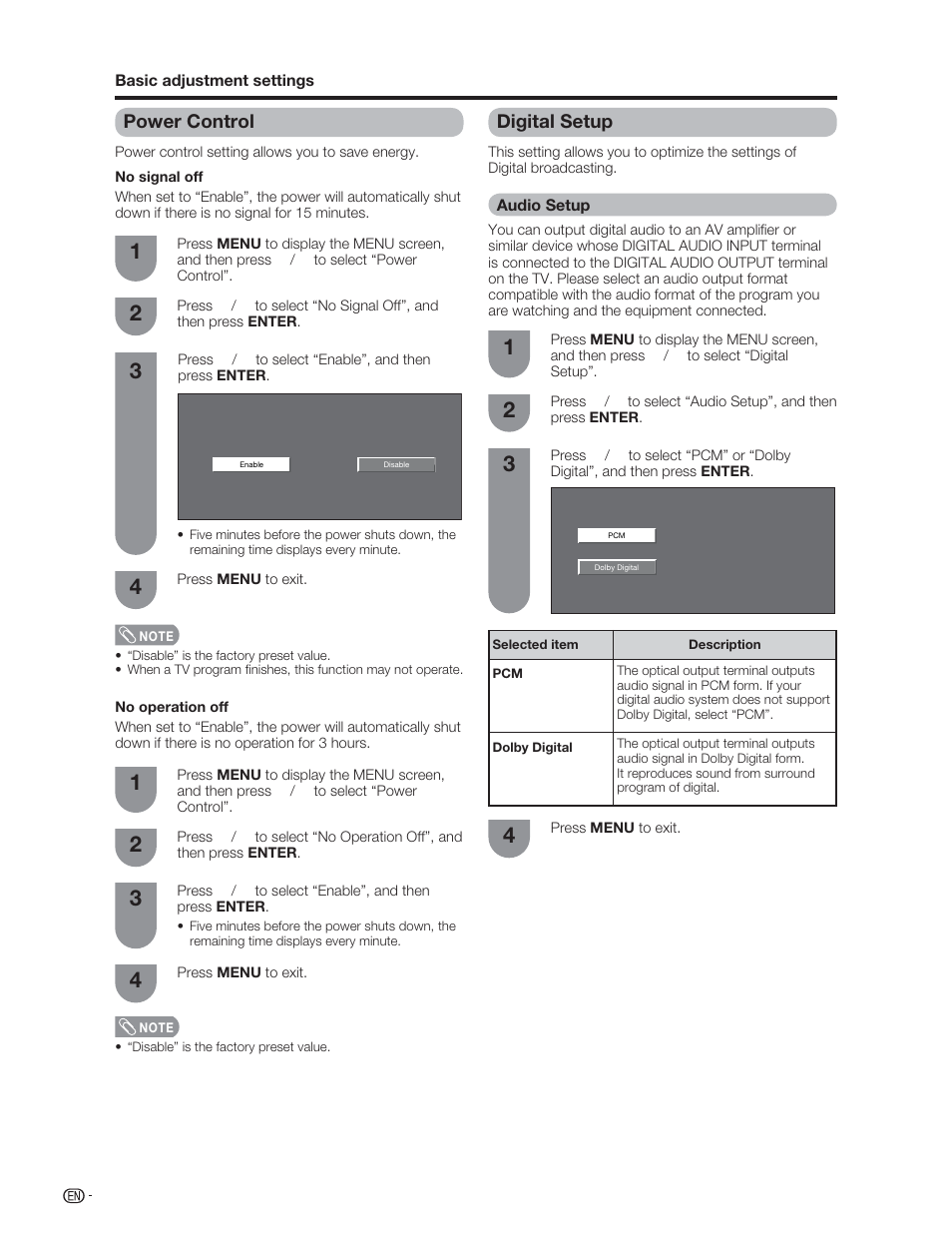 Power control, Digital setup | Sharp Aquos LC 46D62U User Manual | Page 29 / 56