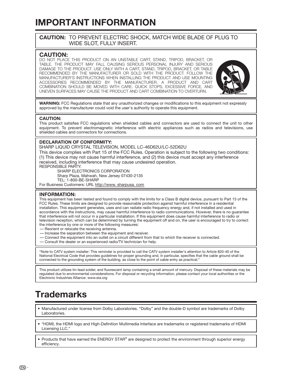 Important information trademarks, Caution | Sharp Aquos LC 46D62U User Manual | Page 3 / 56