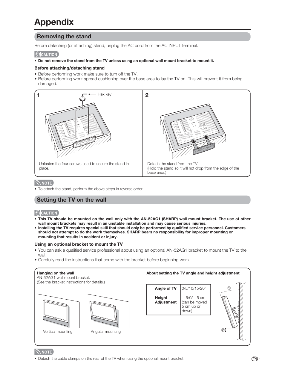 Appendix, Removing the stand, Setting the tv on the wall | Sharp Aquos LC 46D62U User Manual | Page 50 / 56