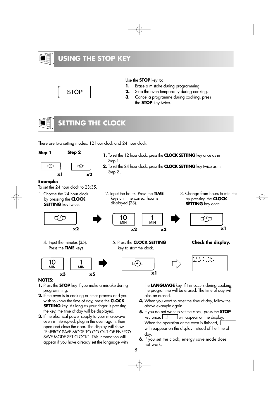 Setting the clock, Using the stop key | Sharp R-963S User Manual | Page 10 / 45